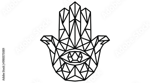 Minimalist Geometric Hamsa Hand with Evil Eye | Modern Hand of Fatima Polygon Line Art Isolated Transparent PNG