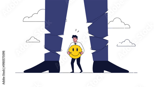 Small businessman holding a yellow smiley face while standing between the massive legs of a giant representing a positive attitude in a big industry.