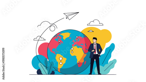 Businessman standing beside a large world globe while a white paper airplane flies around it representing global business travel and connectivity.