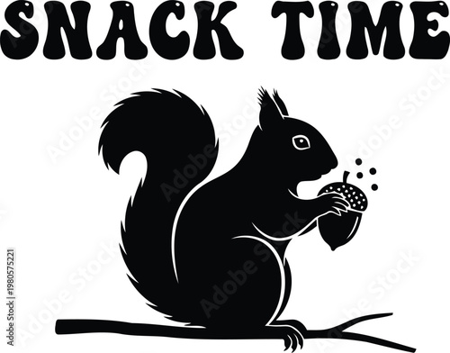 Black silhouette squirrel eating acorn on branch snack time