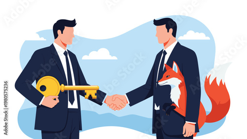 Businessman holding golden key shaking hands with another man who is hiding fox behind his back for deception.