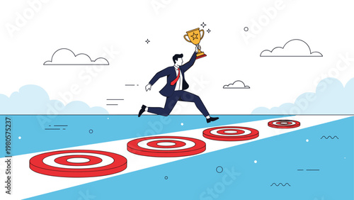 Triumphant businessman holding gold trophy while jumping over row of red targets on white path over ocean.