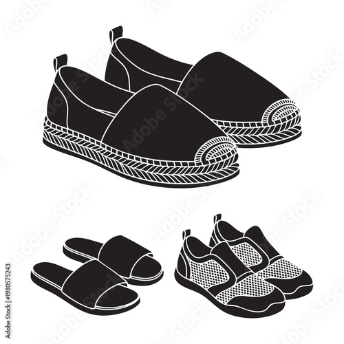 Summer footwear icons with espadrille slide water shoes