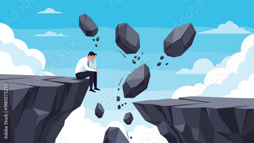 Depressed businessman sitting on edge of crumbling cliff with large rocks falling into abyss representing failure.
