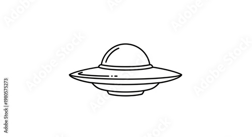 Minimalist UFO line drawing on white background, flying saucer icon, alien spacecraft outline