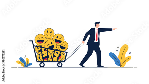 Happy businessman pulling large shopping cart filled with yellow smiling happy face icons towards future success.