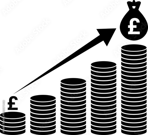 Financial Profit Growth Icon with Pound Sterling Currency Stacks of Coins and Upward Arrow, Flat Vector Illustration of Revenue Increase and Wealth Investment for Business Media