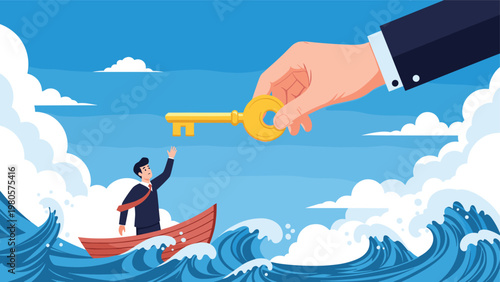 Giant corporate hand giving golden key to struggling businessman in small wooden boat on rough ocean waves.