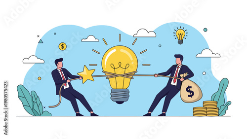 Two businessmen engaged in tug of war over giant lightbulb idea with money bag and star representing rivalry.