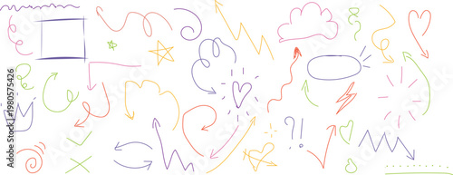  collection of hand-drawn, colorful doodle sketches on a white background, featuring various arrows, squiggles, hearts, and other abstract shapes. 
