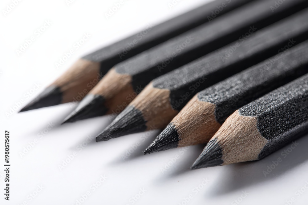 Obraz premium Five sharpened black graphite pencils displayed in a row