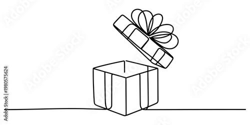 A single continuous line drawing of an open gift box featuring a decorative bow on the lid top Vector, illustration