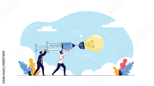 Collaborative team pushing a large medical syringe towards a bright lightbulb to symbolize innovation and breakthroughs in modern healthcare.