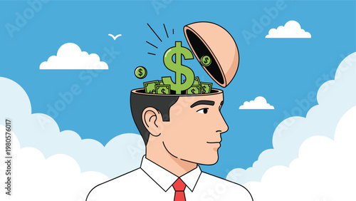 Thinking about money concept showing a businessman profile with his head open filled with dollar bills and coins representing financial mindset.