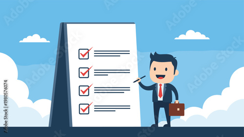 Cheerful businessman holding a briefcase while completing tasks on a giant clipboard checklist against a blue sky background.