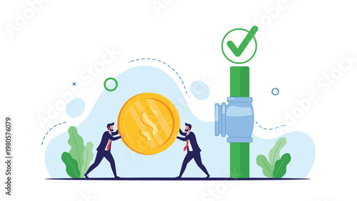 Corporate professionals working together to push a large gold dollar coin through a pipeline valve for financial efficiency.