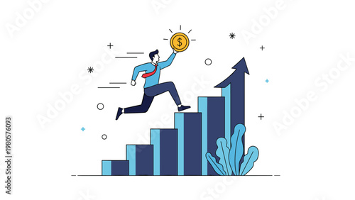 Energetic businessman holding a golden dollar coin while jumping up a blue bar chart representing financial growth and success.