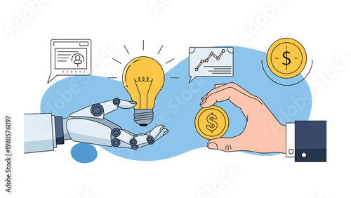 Comparison between artificial intelligence innovation and traditional financial investment showing a robotic hand and human hand.