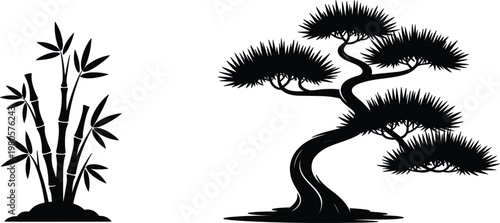 Bamboo and bonsai tree silhouettes representing Asian nature and zen garden aesthetics