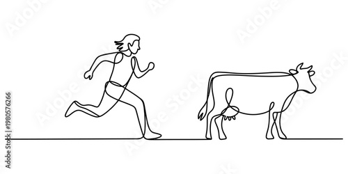 A continuous line drawing of a person running quickly towards a calm cow on a white background Vector, illustration
