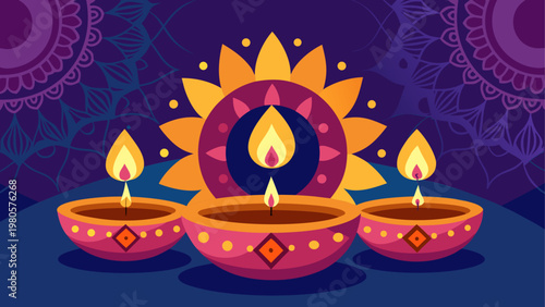 Traditional indian diya lamps with flames during festival celebration