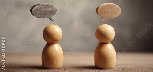 The wooden figurines with speech bubbles representing dialogue, communication and human connection