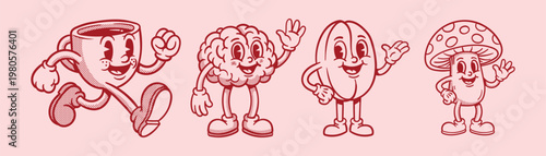 Vector illustration collection pack set of retro groovy cartoon character. retro mascot cartoon characters, groovy cartoons vintage rubber hose style
