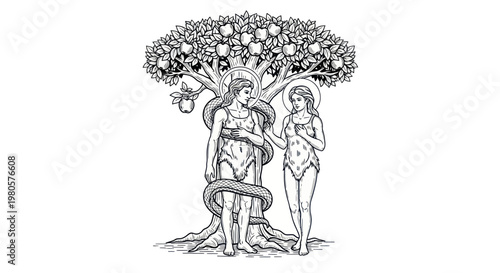 Adam and Eve Temptation Tree Illustration