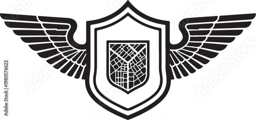 Shield, winged emblem, crest icon, black vector logo, symbol, badge, insignia