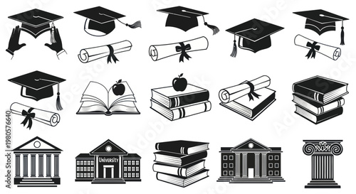 Education Icons: Graduation Caps, Books, Diplomas, and University Buildings