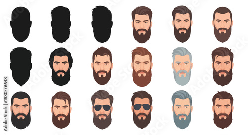 Diverse Collection of Bearded Man Hairstyles and Faces - Vector Illustration