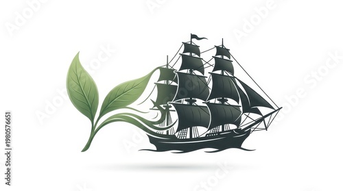 A ship sails on water while green leaves grow beside it