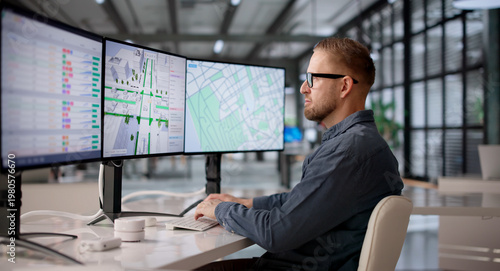 Bild auf Leinwand Civil Engineer Utilizes Software For Urban Traffic Flow Analysis
