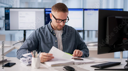 Cuadro en lienzo Fraud Analyst Diligently Examining Multiple Monitors