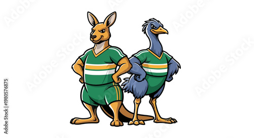 Australian Kangaroo and Emu Wearing Green and Gold Sports Uniform Jersey