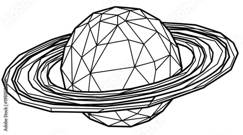 Minimalist Geometric Saturn Planet with Rings | Modern Low Poly Celestial Line Art Isolated Transparent PNG