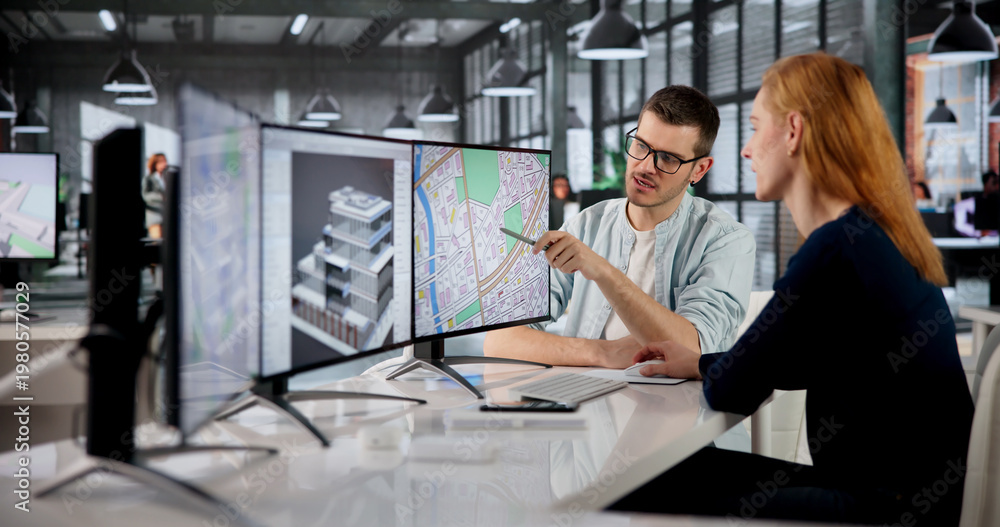 Naklejka premium Real Estate Appraiser Woman Uses GIS Mapping