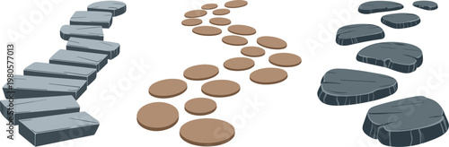Stepping stones paths illustration featuring various stone shapes for garden walkway design