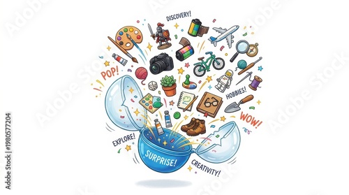 A capsule bursts open, showing various items related to hobbies and discovery
