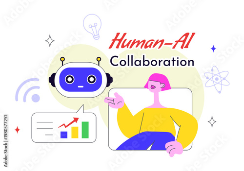Human AI Collaboration Illustration With People And Robots Working Together, Digital Technology Innovation, Smart Automation and Future Workflow
