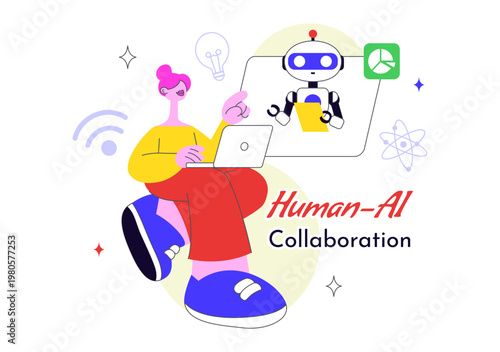 Human AI Collaboration Illustration With People And Robots Working Together, Digital Technology Innovation, Smart Automation and Future Workflow