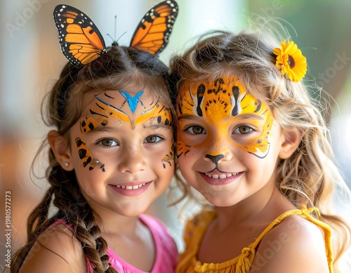 Two young girls, smiling with painted faces and butterfly and flower hair accessories. One has a butterfly headpiece