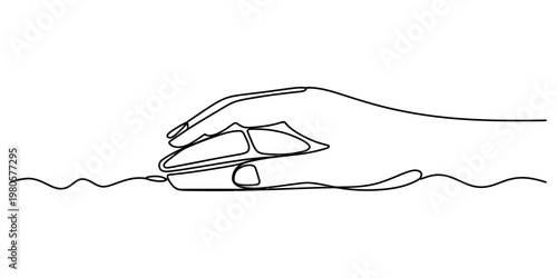 Continuous single line drawing of a human hand using a computer mouse on a clean white background Vector, illustration