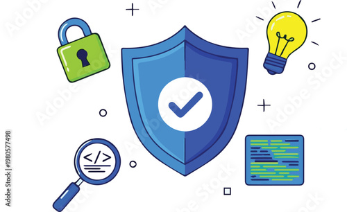 A shield with a checkmark protects a collection of security icons on a screen