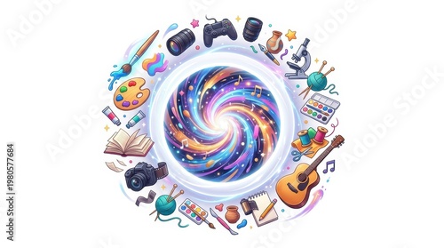 Various tools and items appear around a colorful swirl in a digital art space for creativity