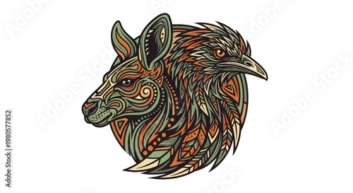 Circular Portrait of Kangaroo and Emu with Mandala Inspired Tribal Ornamentation