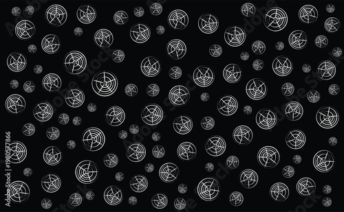 Abstract white circle patterns on black background creating artistic geometric display with repetitive round elements for modern design projects involving circular shapes and unique visual textures