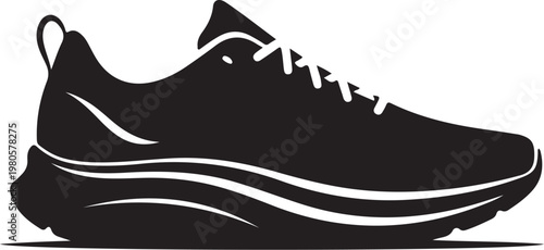 Black athletic shoe with white laces and stripes black shoe