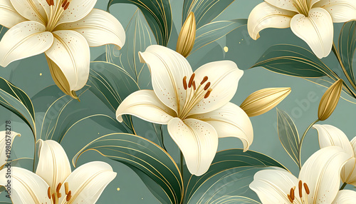 Seamless wallpaper pattern of flowing art nouveau lilies with elegant organic curves in soft gold and sage for generative AI
