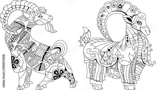Set of decorative goats. Hand drawn decorative vector illustration for coloring